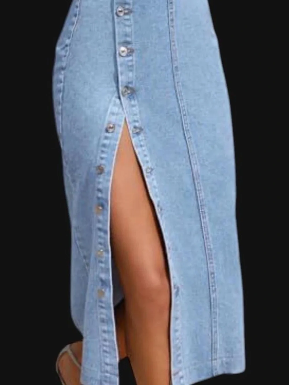 Light Wash Denim Midi Skirt with Side Button Slit. Xl fits like 2x